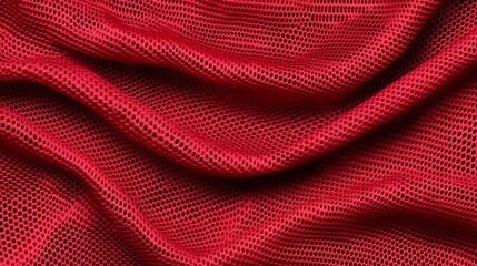Red sports jersey material for football or basketball with a mesh pattern. Close-up of a red sports fabric texture background. 