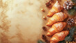 © ARTem - Festive Christmas background with croissants, pine cones and holiday decorations on rustic paper, perfect for seasonal greeting cards.  horizontal banner, copy space, free space for text