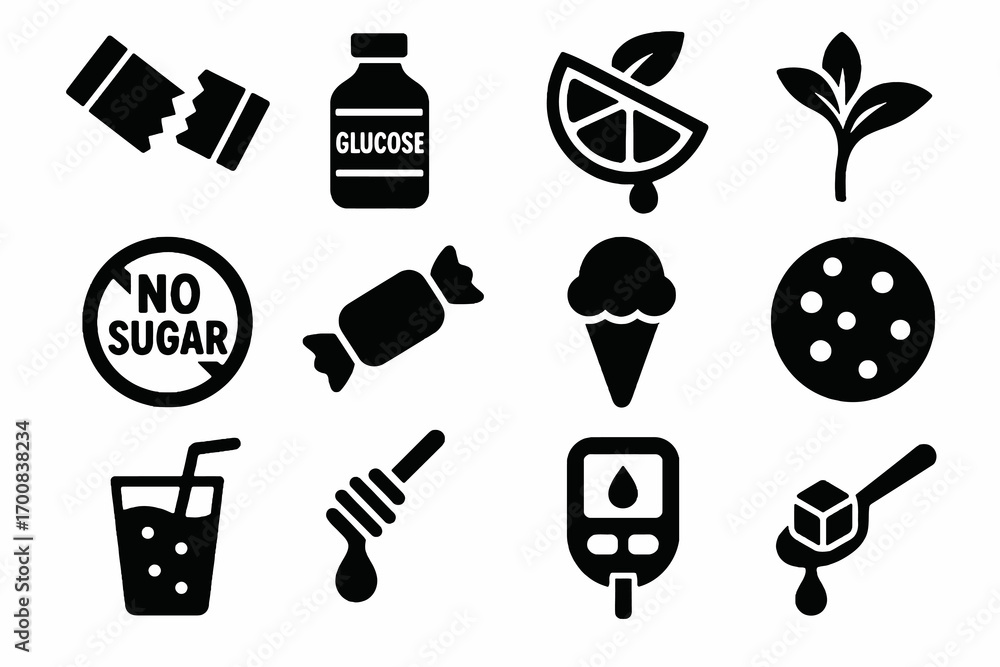 Sweeteners Vector Sugar and sweeteners icon set. Solid vector icons of sugar packet ...