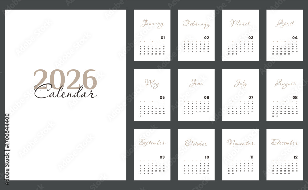 Vector illustration. Calendar 2026 printable template. Week Starts on ...