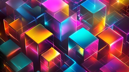 Abstract Colorful Cubes: A stunning digital rendering features a cluster of luminous cubes bathed in an array of vibrant colors, creating a mesmerizing display of light, form, and geometric patterns.