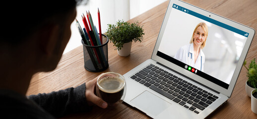 Doctor video call online by modish telemedicine software application for virtual meeting with patient