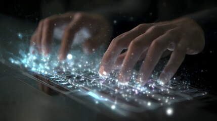 Closeup of hands typing on a glowing keyboard with digital light effects, representing technology and data