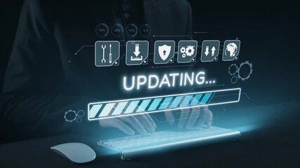 Image of hands typing on a keyboard with a futuristic digital interface showcasing an updating progress bar and various tech icons related to security and network operations. Qubit