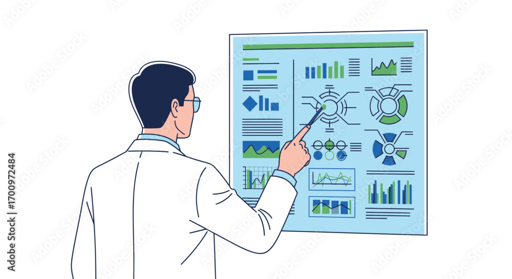 Scientist presenting data analysis on a chart with graphs and diagrams ...