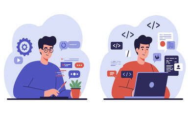 Two graphic illustrations depict a man coding using a laptop and another brainstorming ideas with a pen, representing modern software development.