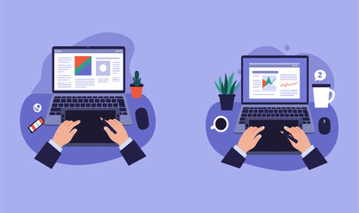 Hands using a laptop and graphic tablet with charts and graphs on screen, illustrating digital design and data analysis.