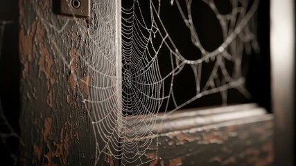 A large intricate spiderweb covers a weathered dark wooden door frame with peeling paint