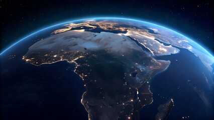 Earth planet view from space with africa and europe at night