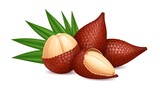 Two slices of salak fruit, with their characteristic reddish-brown scales, sit beside bright green leaves on a plain white background, creating a vibrant, tropical scene.
