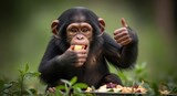 Chimpanzee baby eating, giving thumbs up