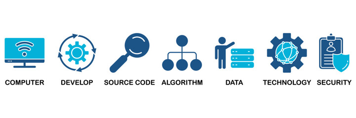 Programming icon set In Blue Monochrome Flat Design, Vector Illustration concept relate to icon of computer, develop, source code, algorithm, data, technology and security