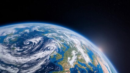 Wall Mural - A stunning video concept of Earth from space, captured at a low-angle view, showcasing swirling clouds and a glowing sunrise on the horizon. Live desktop wallpaper.