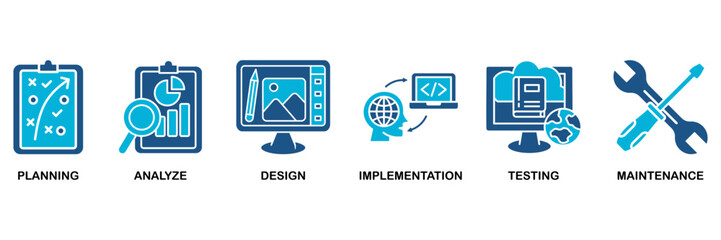 Software development icon set In Blue Monochrome Flat Design, Vector Illustration concept relate to icon of planning, analyze, design, implementation, testing, integration, and maintenance