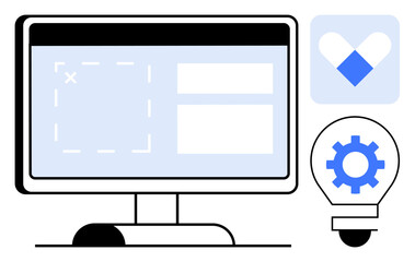 Desktop monitor with interface elements, heart-shaped graphic, and light bulb with gear. Ideal for technology, creativity, UIUX design, innovation, software development programming teamwork. A