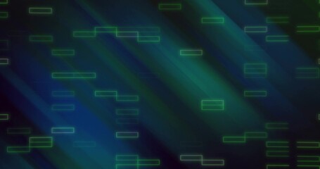 Wall Mural - Glowing green bars drifting across dark abstract digital art, with blue and teal light beams