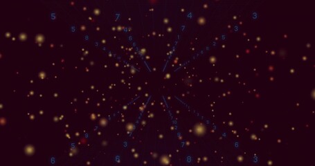 Wall Mural - Converging amber particles and blue digits flowing toward center in digital void, with grid lines