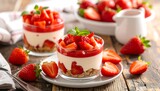 Close-up showcases layered desserts in glass cups filled with cream and fresh strawberries on a wooden surface