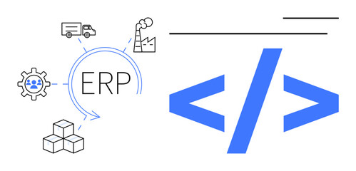 ERP text surrounded by factory, truck, team, and box icons linked by arrows, paired with coding brackets. Ideal for management, workflow, logistics, data integration teamwork programming digital