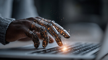 Robotic hand typing on a laptop keyboard with glowing light effects.