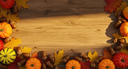 Wall Mural - Autumnal Harvest: Pumpkins, Acorns, and Leaves on Rustic Wooden Surface