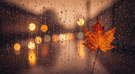 Wall Mural - Autumnal Rain: Maple Leaf on Window with Bokeh Lights