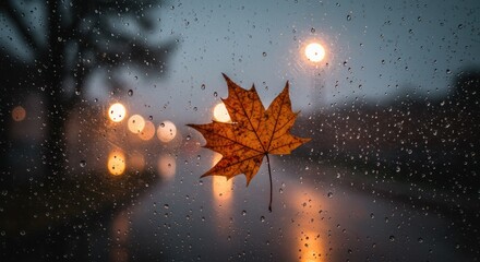 Wall Mural - Autumnal Serenity: Maple Leaf Adheres to Rain-Streaked Window, City Lights Glow