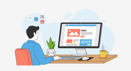 Dedicated professional crafting a modern website layout on a desktop computer, symbolizing the essence of digital design, programming, and online content creation