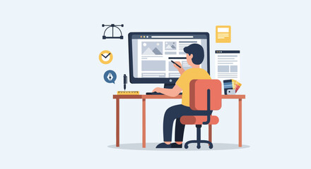 Flat vector illustration of a graphic designer creating a website layout, representing the digital creative process and workflow