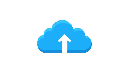 Wall Mural - A vibrant blue cloud graphic featuring a prominent white upward-pointing arrow, representing digital data upload or secure online storage.