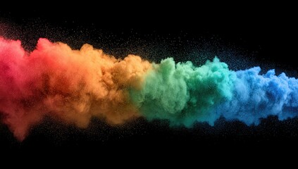 A vibrant display of colorful powder exploding and spreading across a black background, showcasing a spectrum of hues from red to blue.