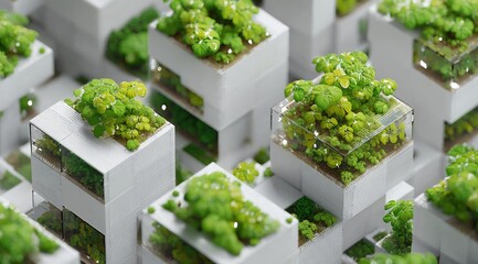 A dense array of white cubic structures, each with greenery.  Transparent glass panels allow views of the plants.  Urban,  vertical garden concept