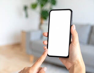 Hand holding smartphone with blank white screen mockup. Generated image
