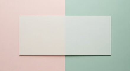 Minimalist flat lay of a blank translucent rectangle on a split pastel pink and green paper background for a modern mockup