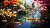 A tranquil, vibrant Japanese garden scene with a serene pond, colorful flowers, and koi fish gracefully swimming.