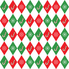 Canvas Print - Seamless argyle pattern with white snowflakes and candy canes.Colorful harlequin repeat pattern in green and red for Christmas.Winter vector graphic background for textile and prints.