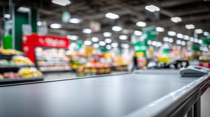 Wall Mural - An empty supermarket checkout lane represents retail operations and customer flow, illustrating commerce logistics payment moments and the experience at the point of sale.
