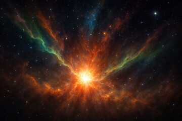 Wall Mural - Prismatic cosmic supernova bursting with radiant plasma filaments and swirling nebulas over a dense starfield vibrant motion energy and deep space drama