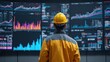© pingpao - A person in a hard hat analyzes colorful data visualizations on large screens, reflecting insights into performance metrics and trends.