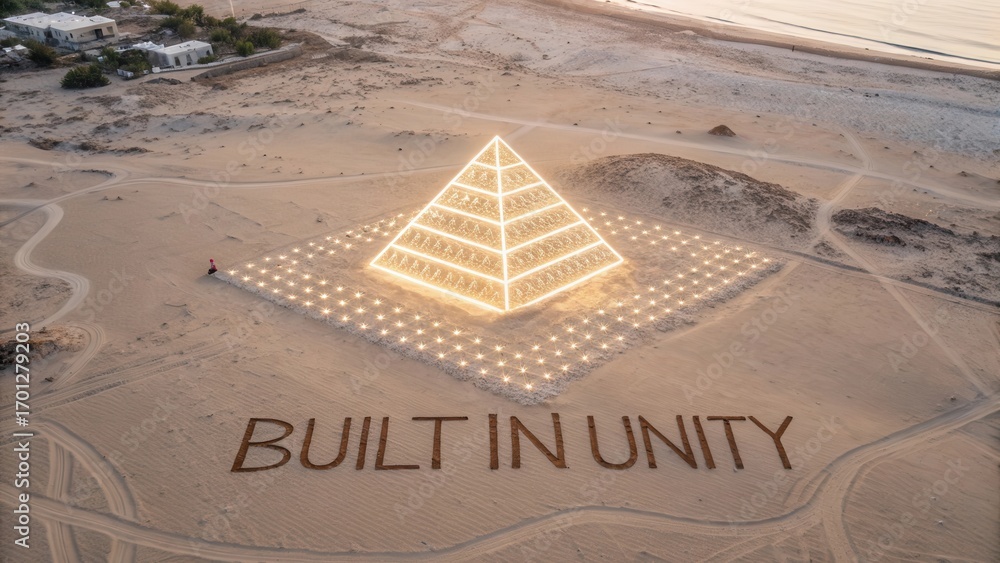 Illuminated Pyramid in Sand with Built in Unity Text Below Stock Photo ...