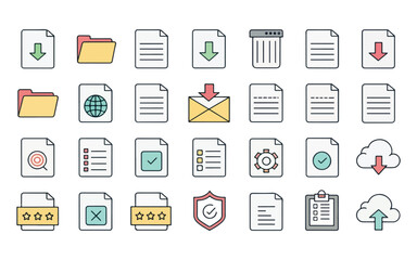 collection of flat design document and file icons for web and app development projects showing vario