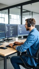 Developer types code on the computer in an office setting using headphones, smart watch and cellphone next to a cup