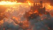 © Sunyata - Fiery sunset illuminates a majestic castle perched atop clouds, engulfed in flames and surrounded by a burning city below.