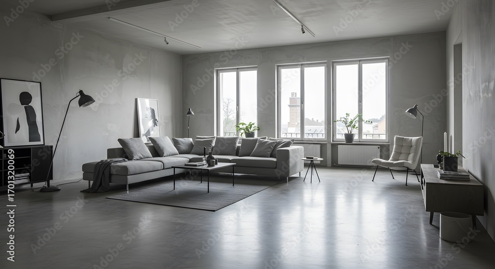 Modern minimalist living room interior with large windows and gray ...