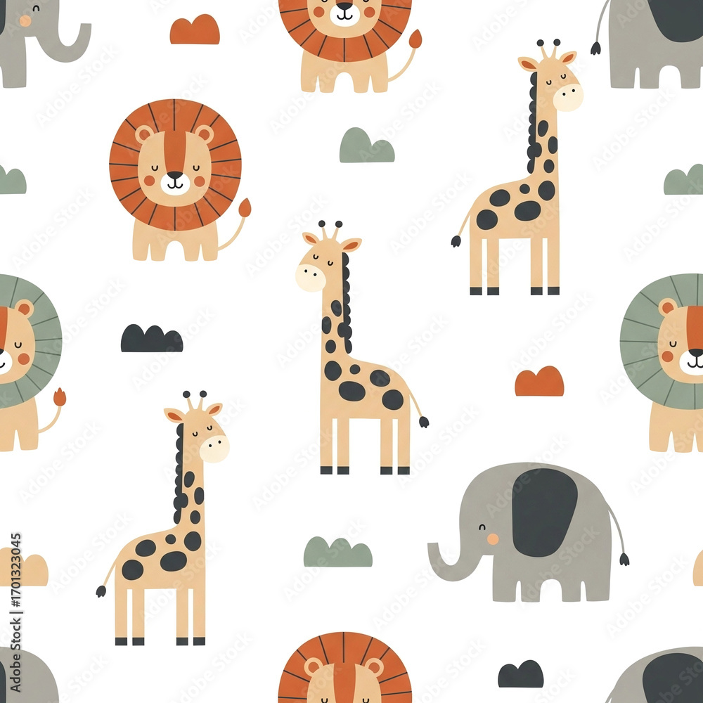Cute seamless pattern with safari animals like lions, giraffes, and ...
