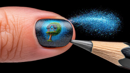 Miniature treehouse pencil art nail art glitter fantasy tiny house blue black manicure closeup creative whimsical fine detail sparkle cosmetic fingertip micro magic dust shine wooden graphite