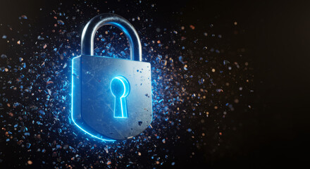 Futuristic cybersecurity illustration of a glowing blue padlock representing digital data privacy and network protection