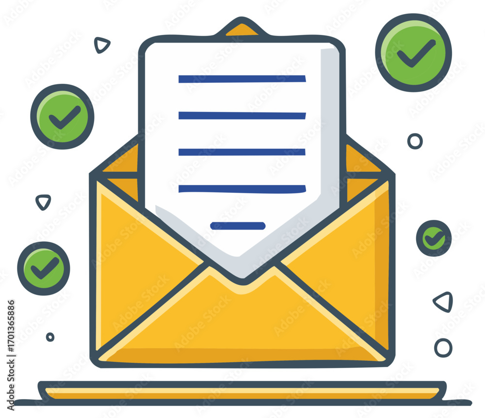 Email confirmation concept with an open envelope, letter, and green ...