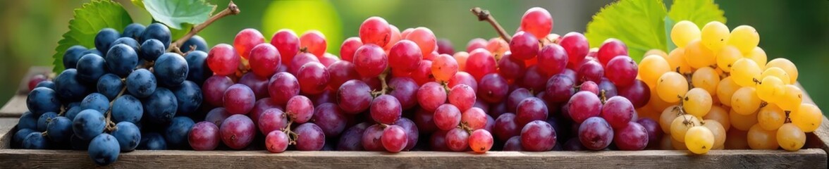 Wall Mural - A bountiful harvest of freshly picked bunches of grapes, bursting with color and ripe for the picking, displayed in a rustic wooden crate  Ready for market or winemaking ,  summer,  closeup