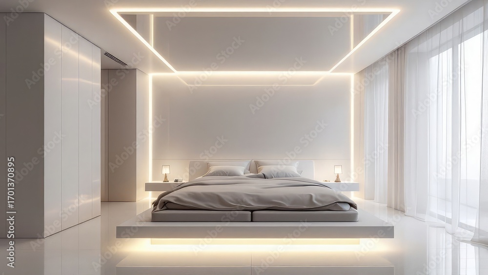 A modern bedroom with a platform bed and led lighting in a minimalist ...